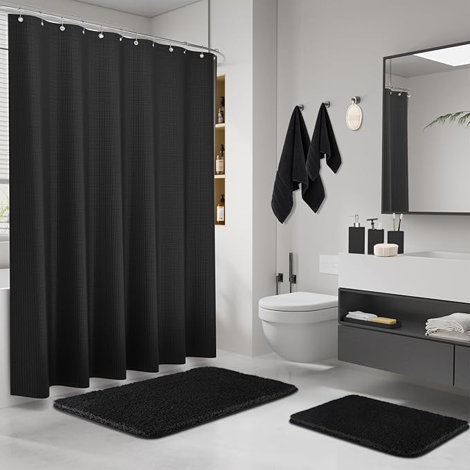 Black Bathroom Set,Black Bathroom Accessories Set with Shower Curtain and Rugs, Bath Towel Set, Natural Loofah Sponge, Soap Dispenser, Toothbrush Holder, Bathroom Tumbler and Tray for Bathroom