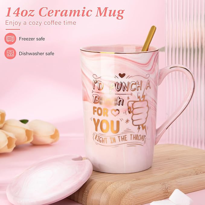Biching Birthday Gifts for Women, Valentines Day Gifts for Her – 14oz Ceramic Marble Mug with Gold Print and Knitted Bouquet, Funny Gift Set for Mom, Wife, Sister, Bestie, Friendship, Girlfriend