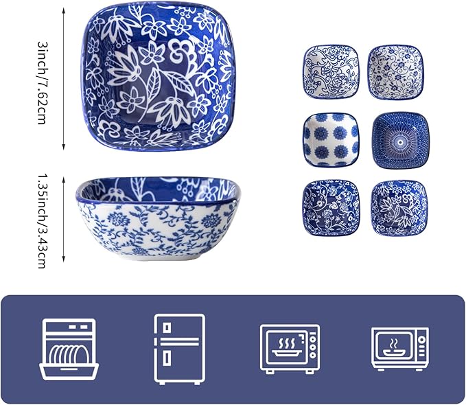 Square Dipping Bowls Set - Mini 3 inch Ceramic Soy Sauce Dishes - 2.6 Oz Small Bowls for Side Dish BBQ, Charcuterie Condiments, Ramekins Pinch Bowls for Kitchen Prep - Set of 6 - Vintage Blue