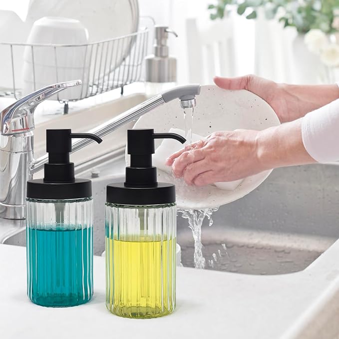 2 PCS Glass Soap Dispenser Set for Bathroom & Kitchen Sink Refillable Liquid Soap Bottle with Squeeze Pump for Hand Dish Soap, Shower Gel, Shampoo and Conditioner-425ML