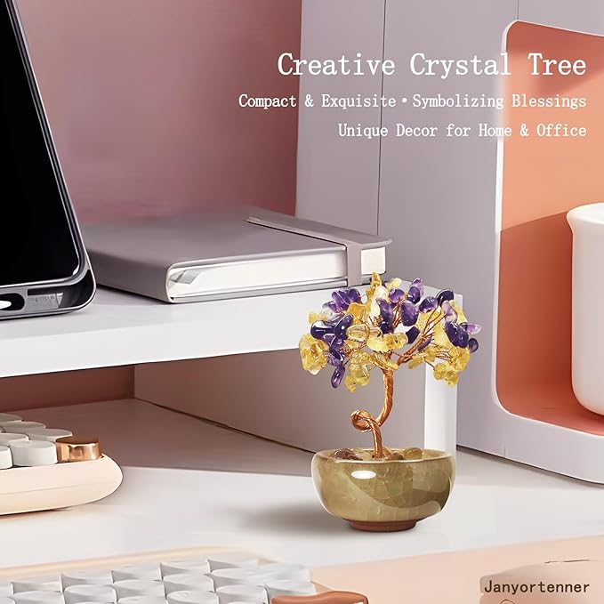 Amethyst Citrine Crystal Tree,Dual Color Art Decor with Copper Wire Sculpture in Crackle Base,Imagination Gift