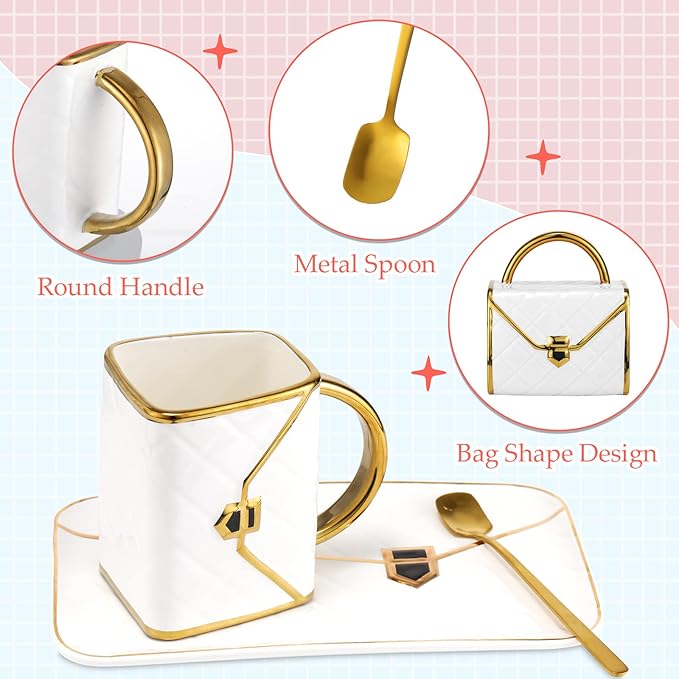 Sliner Handbag Coffee Mug Set- 4 Sets Handbag Coffee Mug with Saucer Spoon 10 Oz/ 310 ml - Cute Ceramic Creative Tea Cup for Women Girls Valentines Gift(Classic)