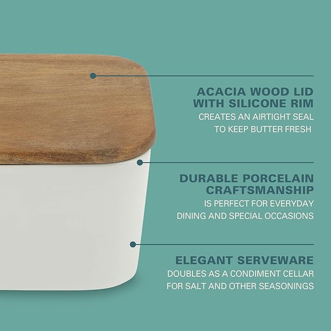 Gibson Home Bristlewood Rectangular Ceramic Butter Keeper with Acacia Wood Lid, Modern Farmhouse Butter Dish, Glazed Stoneware Storage for Kitchen Countertop or Table