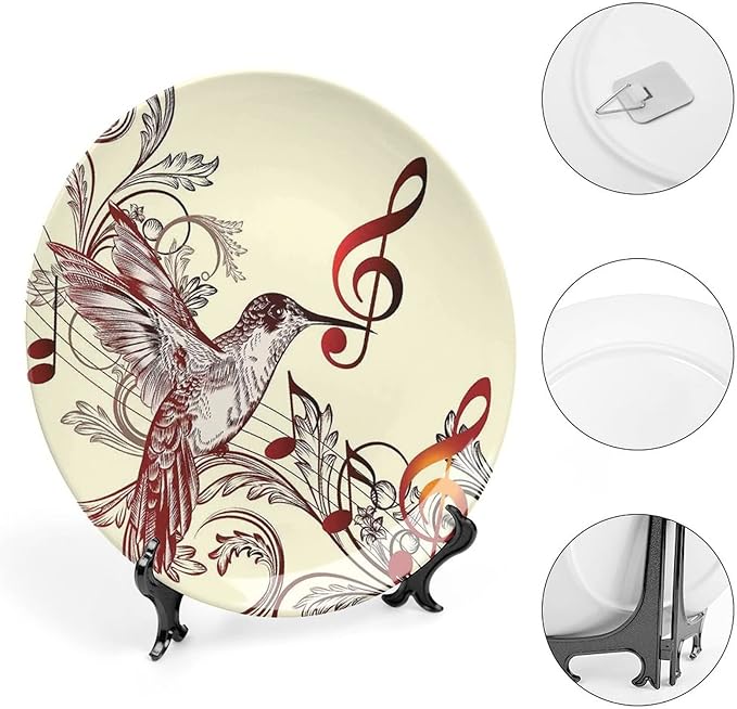 XISUNYA 6 Inch Decorative Plate, Hummingbirds Porcelain Plate, Flying Bird Musical Print Ceramic Wall Hanging Decor Accessory for Dining Table Tabletop Home Decor