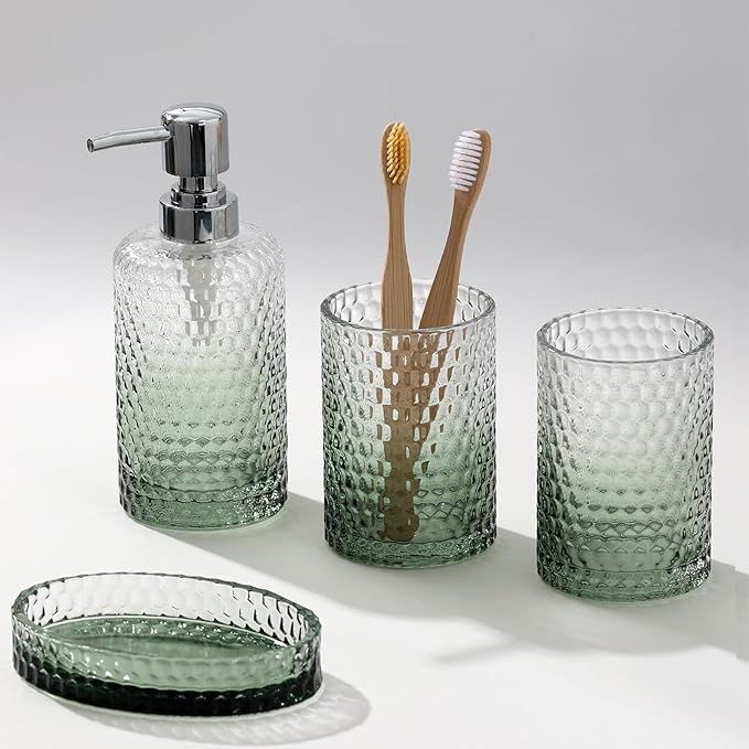 Bathroom Accessories Set, 4Pcs Clear Glass Bathroom Set, Hand Soap Dispenser, Toothbrush Holders, Tumbler, Bar Soap Dish for Modern Bath Decor Organizers and Storage Countertop Sink (Green)