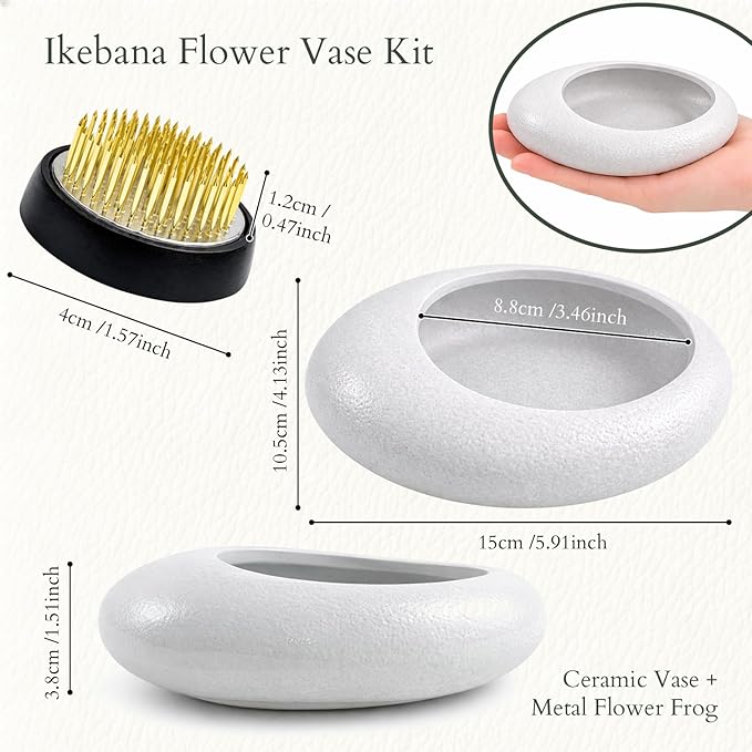 Japanese Flower Frog Vase Set – Minimalist White Ceramic Flower Vase with Flower Frog, Modern Flower Arrangement Pot for Living Room Decor & Art Supplies, Gift Box for Flower Lover