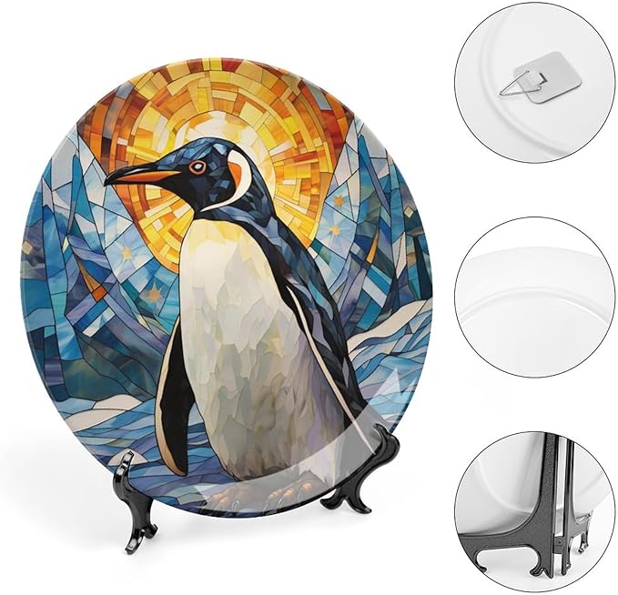Decorative Plates for Wall Hanging, Lovely Penguin Watercolor Stained Glass Painting Ceramic Plate w/Display Stand, Home Decor for Kitchen Cabinets, Round Tray 8 Inch, Gift for Penguin Lovers