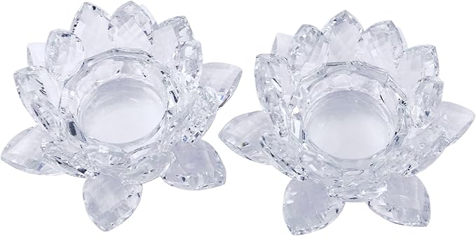 Crystal Lotus Flower Tealight Candle Holder Set of 2, Clear Glass Candlestick Holders, Pillar Votive Candle Holders for Table Centerpiece, Home Décor, Party, Wedding, Dinning