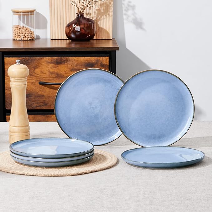 E-far 8” Ceramic Salad Plates Set of 6, Reactive Glaze Stoneware Dishes, Round Dessert Plate for Home Kitchen Restaurant, Microwave & Dishwasher Safe – Ocean Blue