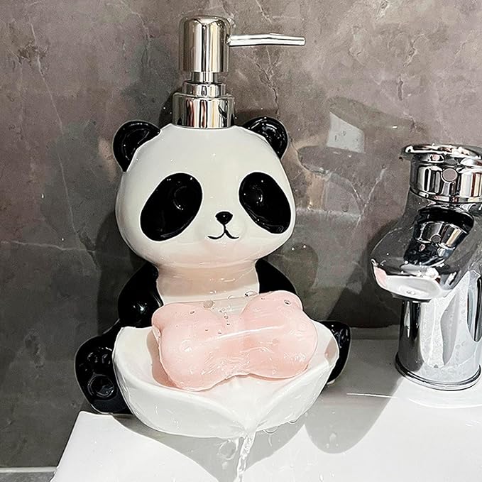 Ceramic Soap Dispenser 12 Oz Cute Panda Shape Lotion Hand Pump Dispensers with Soap Holder for Bathroom Kitchen