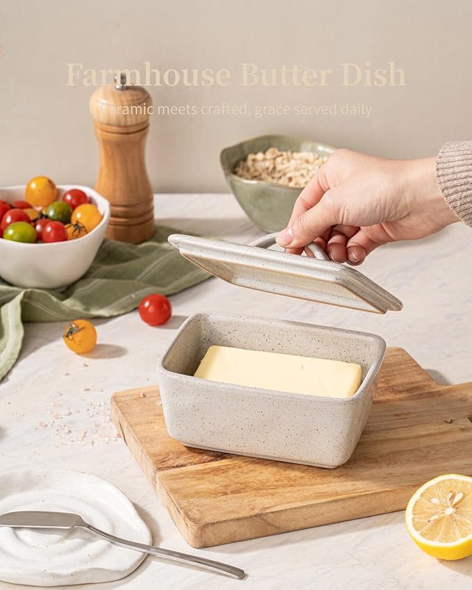 Besmeety Ceramic Butter Dish with Lid for Countertop, European 250g Butter Keeper, Vintage Farmhouse Decor (Gray)