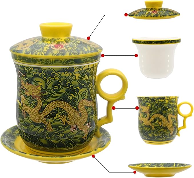 Porcelain Tea Cup with Infuser Lid and Saucer Sets - Chinese Jingdezhen Ceramics Coffee Mug Teacup Loose Leaf Tea Brewing System for Home Office