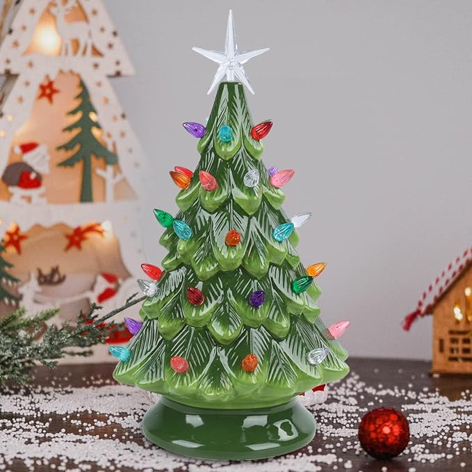 VCUTEKA Small Ceramic Christmas Tree Hand-Painted Vintage Tabletop Green Christmas Tree Holiday Decoration with Multi-Color Lights 12.2 inch