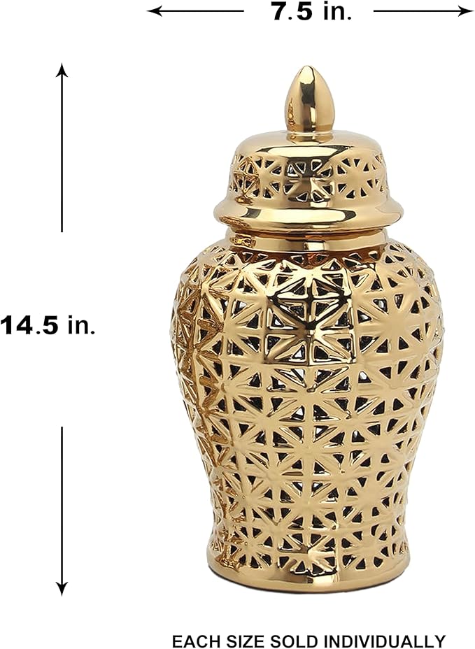 Noori Home - 100% Modern Glam Artisan Ceramic ARIA Small Gold Ginger Jar Urns with Lid 7.5x7.5x14.5