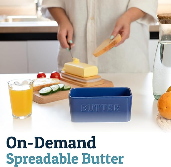 PriorityChef Extra Large Butter Dish with Lid for Countertop, Ceramic Butter Container With Airtight Cover, Butter Keeper for Counter or Fridge, Butter Holder Storage, Dark Blue