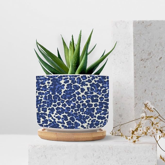 Leopard Purple and White Dot Ceramic Planters African Tribal Animal Print Planters for Indoor Plants with Drainage Holes and Saucers Pot for Succulents Cactus Garden Windowsill