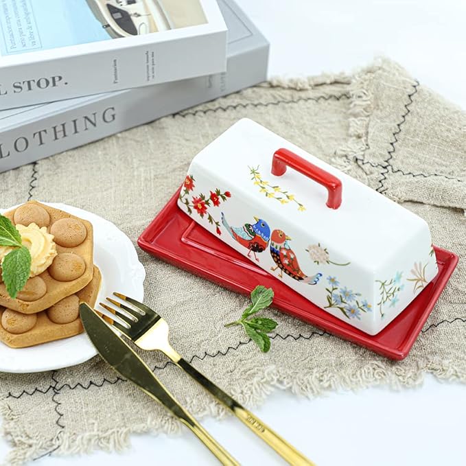 Sizikato Porcelain Butter Dish with Lid, Red Flower and Bird Pattern-7.5 Inch