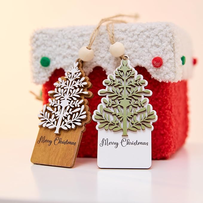 NGHYANA Merry Christmas 3D Wooden Tree Ornaments Set for Holiday Decor 4 Inch Rustic Hanging Decorations