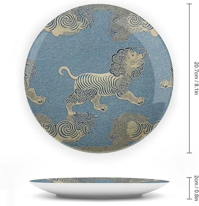 Blue Tibet Tiger Fashion Plates, Chinoiserie Tiger in Blue Customize Ceramic Ornaments Dessert Plates for Kitchen Display Wedding Decor, with 1 Display Stand Art Decorations for Wall Household