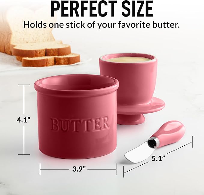 Zulay Kitchen Bell Shaped Butter Crock with Lid for Countertop with Water Line & Spreader Knife, Ceramic French Butter Dish Keeper For Fresh, Soft & Spreadable Butter - Dragonfruit