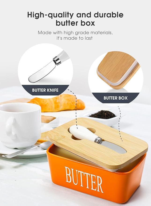 Butter Dish with Lid: Large Butter Dish for Countertop - Ceramic Butter Keeper Container with Knife and High Quality - Silicone Sealing Butter Box for Home Decor Good Kitchen Gift Orange