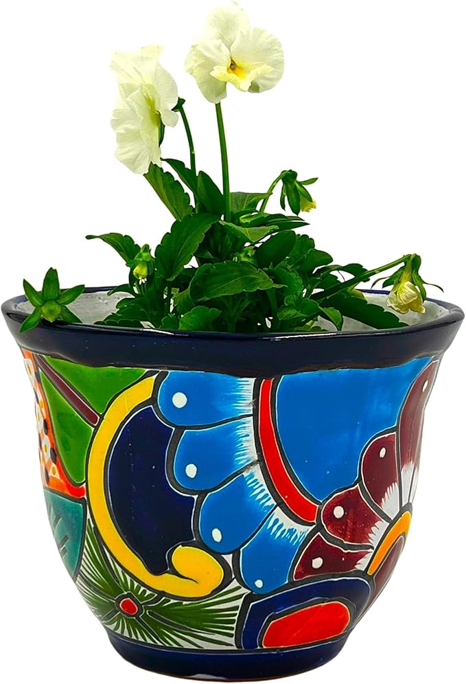 Cactus Canyon Ceramics Talavera Planter Pot, Hand-Painted Mexican Ceramic Pot with Drainage Hole, Indoor Outdoor Rustic Botanical Terracotta, 7.5 Inch, Dark Blue Multicolor
