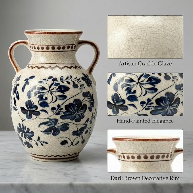 EFISPSS Ceramic Vintage Vase,Spring Decor Unique Chinese Crackle Floral Handle for Dining Room Mantle Living Room,Blue 8.4In
