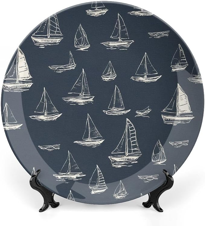 Personalized Gifts Plates Ceramic, Sail Boats Nautical Navy Blue Ceramic Hanging Decorative Plate Wall Including Bracket And Special Hook, Vintage Decor for Table Display Kitchen, 6", 7", 8", 10"
