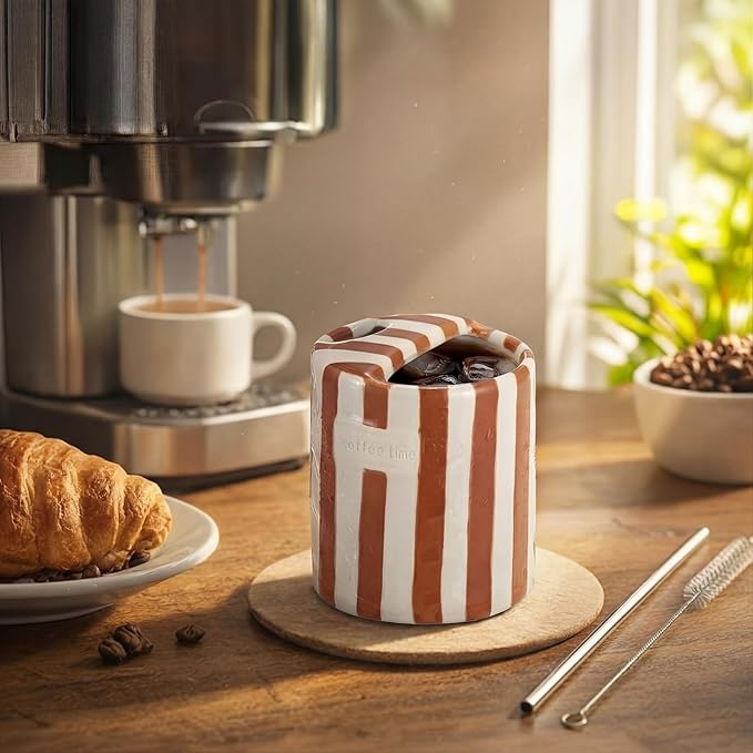 1 Pack Ceramic Coffee Mug with Sip Hole Espresso Cup 10oz with Straws Retro Hand Painted Striped Porcelain Coffee Tea Cup Cappuccino Latte Mug for Kitchen Dining Travel (Brown)