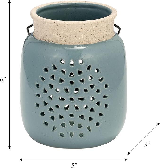 Sagebrook Home Ceramic Hurricane Lantern with Cutout Design - Stoneware Decorative Candle Holder for Home, Office & Living Room - Rustic Garden Accent - 6" Blue