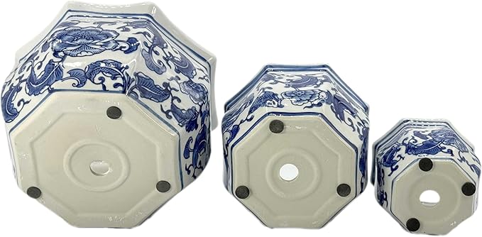 Galt International Blue & White Floral Porcelain Ceramic Decorative Flower Pot 8"/6"/4.5" Garden Pots Chinese Asian Design - Set of 3 Round Bulb Fluted