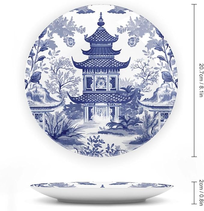 Fashion Plates Chinoiserie Blue Asian Pagoda Custom Decor for Housewarming Gifts Office Wedding Club Porcelain Dessert Plate Set Unique Art with Stand, Multi Sizes by Choosing, Gifts for Men Women
