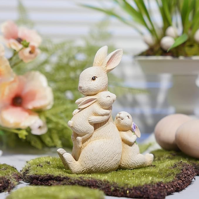 Newman House Studio Easter Decorations Family Bunny Figurines Spring-Decor - Resin Sitting Bunny Mom with Kids Tabletop Decorations for Home Farmhouse 3.5 * 1.5 * 4.5 inch