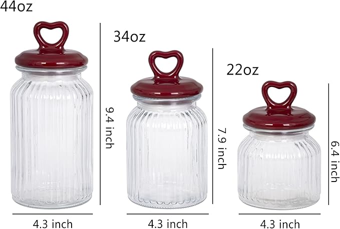 Hyperspace Set of 3 Decorative Glass Kitchen Canister Set, Cookie Jar, Food Storage Containers, Bathroom Jars, with Airtight Ceramic Lid for Kitchen and Bathroom, Red Heart Handle