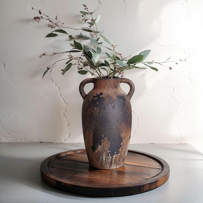 Rustic Ceramic Vase with Handles - 8.7 Inch Terracotta Wabi Sabi Decorative Flower Vase for Home Decor, Farmhouse Vintage Pottery Centerpiece for Table, Shelf Decor, Living Room or Entryway Decorative