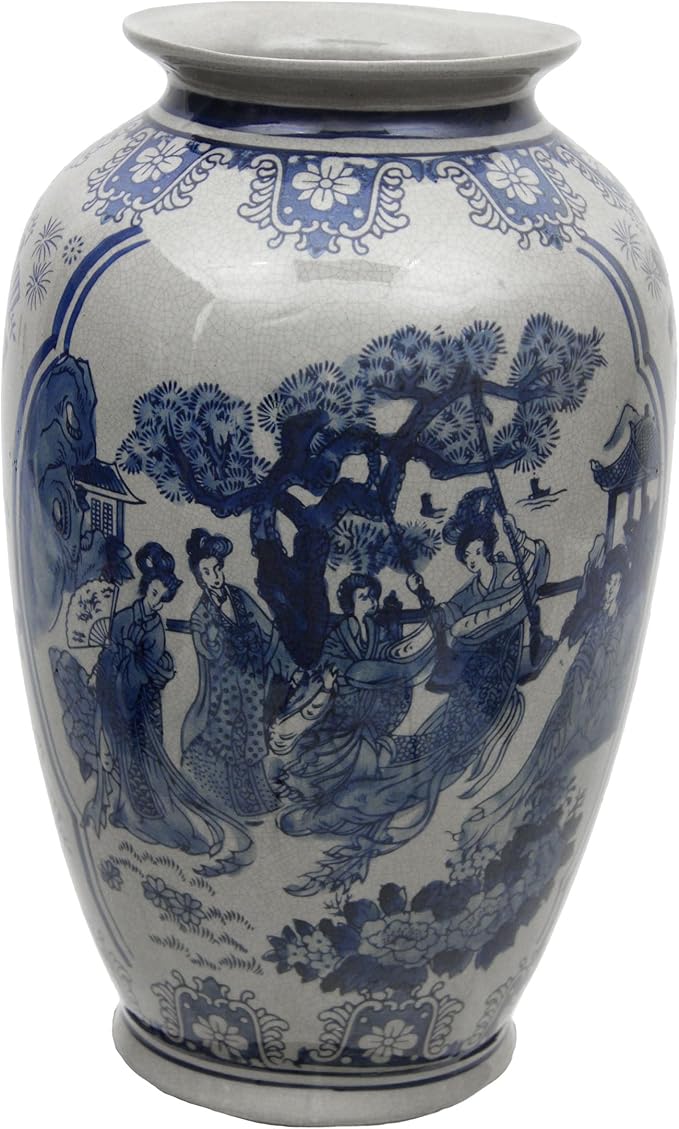 Red Lantern 14" Ladies Blue & White Porcelain Tung Chi Vase