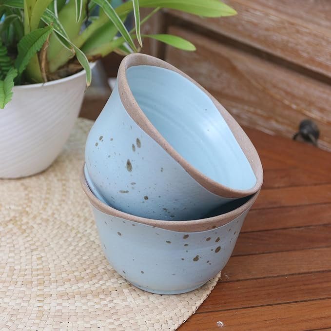 NOVICA Artisan Handmade Ceramic Dessert Bowls in Java Pair Blue Indonesia Tableware Dinnerware Rustic [ 3.1in H x 5in Diam. 8 Oz.] ' Blue Bell' Pair