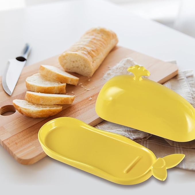Whale Butter Dish with Lid, Cute Ceramic Butter Dish with Handle for Countertop, Funny Butter Holder Butter Keeper for Kitchen Decor, Ideal Gifts for Housewarming,Wedding, Yellow