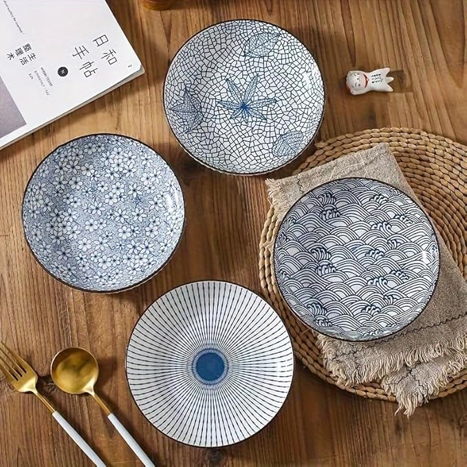 FENGHUI Set of 4 Ceramic Plates, 8 Inch Dinner Plates, Salad Plates, Dessert Plates, Home Dorm Kitchen Dining Room Suitable for use in microwave ovens and dishwashers