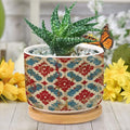 DreamAutumn Geometric Kilim Moroccan Ikat Planter Ceramic Round Plant Pots with Drainage Holes and Bamboo Tray Planting Small Flower Pots for Home Windowsill Desk Garden Indoor Outdoor Use