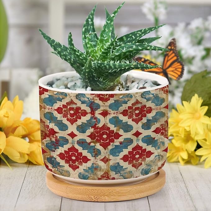 DreamAutumn Geometric Kilim Moroccan Ikat Planter Ceramic Round Plant Pots with Drainage Holes and Bamboo Tray Planting Small Flower Pots for Home Windowsill Desk Garden Indoor Outdoor Use