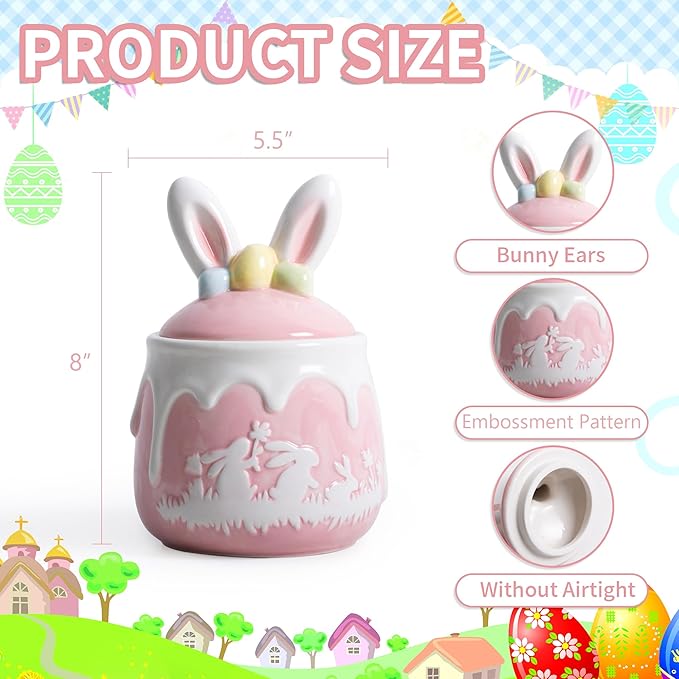 Bunny Cookie Jar, Easter Candy Jar with Lid, Embossment Bunny Decorative Ceramic Storage Container Jar, Pink and White Easter Bunny Decorations for Home Kitchen Indoor Best Easter Gift