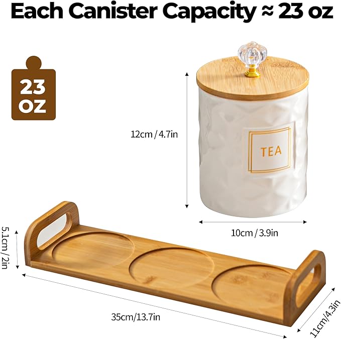 Set of 3 Ceramic Canisters for Sugar Coffee Tea with Tray, White Airtight Food Storage Jars with Wood Lids, Kitchen Counter Storage Containers - 23oz