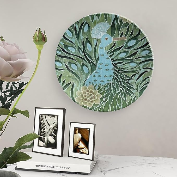Aqua And Green Chinoiserie Fashion Plates, Custom Abstract Style Peacock Wall Hanging Decorative Plate, Farmhouse Office Decorations Housewarming Gifts, with Display Stand And Hook Up