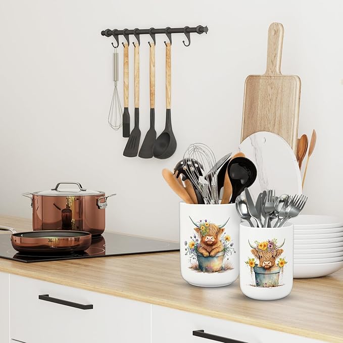 Highland Cow Ceramic Utensil Holder Watercolor Cow Floral Utensil Crock for Farmhouse Home Kitchen Countertop Storage Organizer, Set of 2