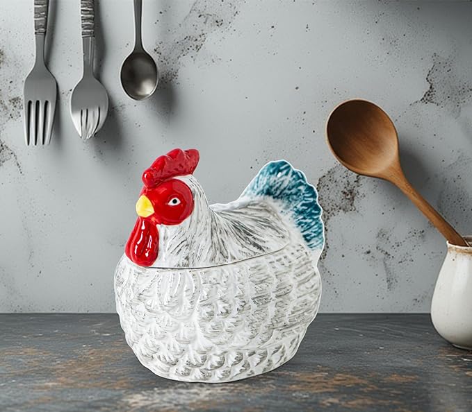Hen Shaped Salt Container For Countertop Salt Cellar With Bamboo Spoon,Sugar Bowl With Lid,Ceramic Spice Storage Canisters With Lid, Colorful Farmhouse Kitchen Countertop Decor