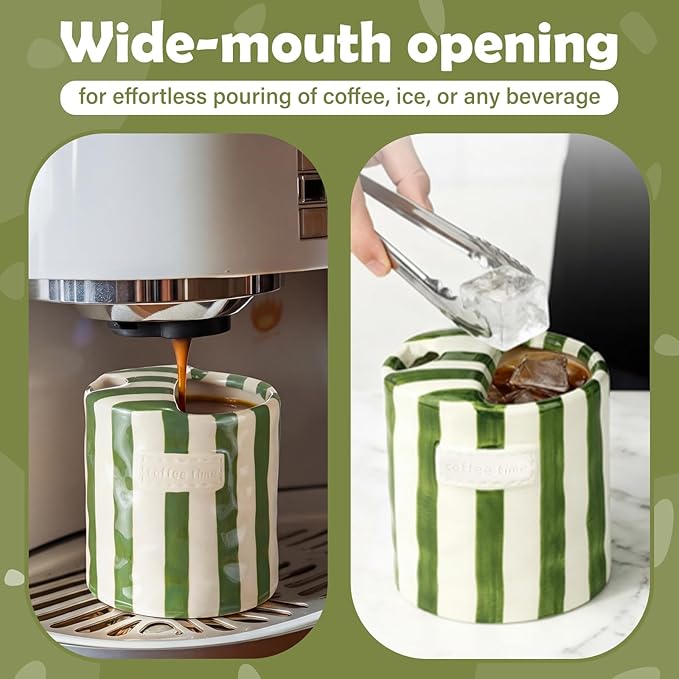 1 Pack Ceramic Coffee Mug with Sip Hole Espresso Cup 10oz with Straws Retro Hand Painted Striped Porcelain Coffee Tea Cup Cappuccino Latte Mug for Kitchen Dining Travel (Green)