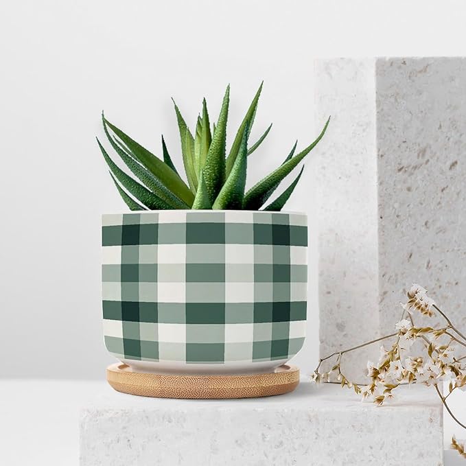 Sage Green Buffalo Plaid Planter Ceramic Green Buffalo Check Round Plant Pot with Drainage Holes and Bamboo Tray Pot for Outdoor Garden Home Plant