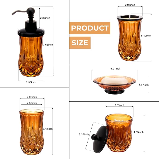 Bathroom Accessories Set,5 Pcs Amber Glass Bathroom Accessory Set, Complete Lotion Soap Dispenser, Toothbrush Holder, Soap Dish, Tumbler & Jar, Modern Bathroom Decor Sets Gift,Round