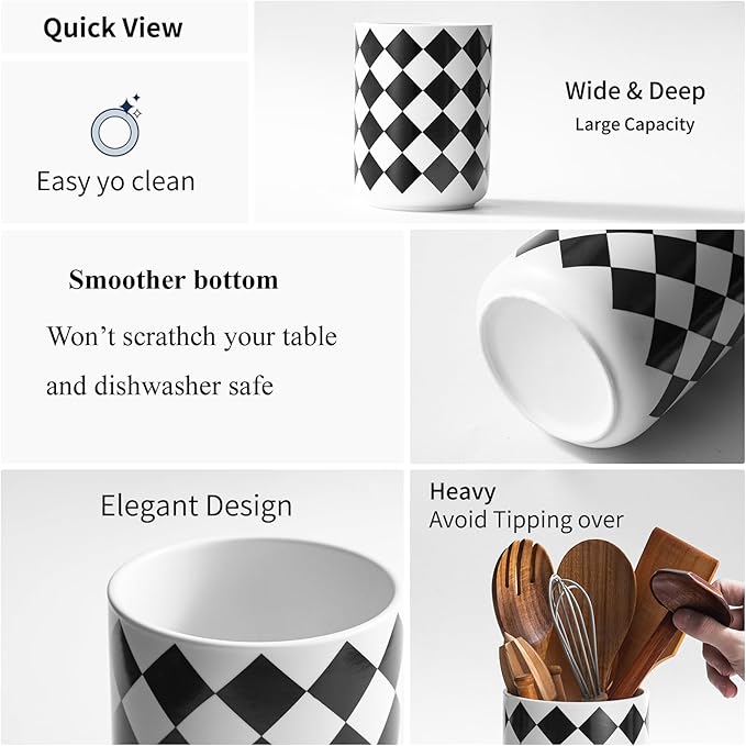 Kitchen Utensil Holder for Countertop， 6.4" Ceramic Utensil Holder Deep and Stable，Kitchen Utensil Organizer，Modern Checkered Utensil Holder for Decor